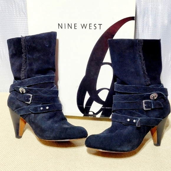 Nine West Black Suede & Strappy Mid-Calf Heeled Pull On Style Boots (9M) - Picture 2 of 13